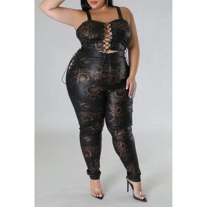Plus Size Snake Skin Print Faux Leather Crop Top High Waist Skinny Pant Set